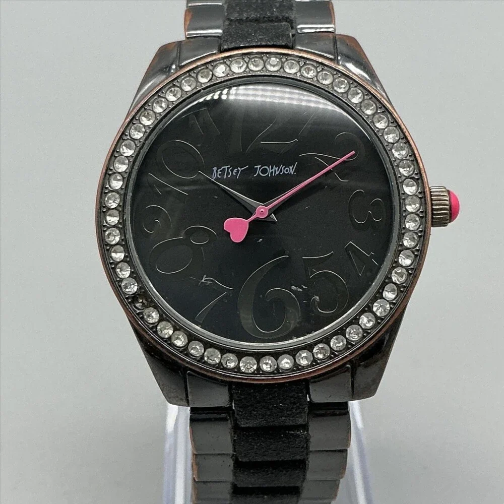 Betsey Johnson BJW024BK Womens Watch 40mm Black Dial Crystals New Battery 7.5